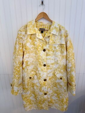 Lands' End Women’s Spring Yellow Floral Trench Coat Size XL